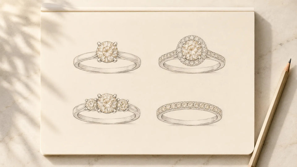 Pencil sketches of four diamond ring designs before crafting
