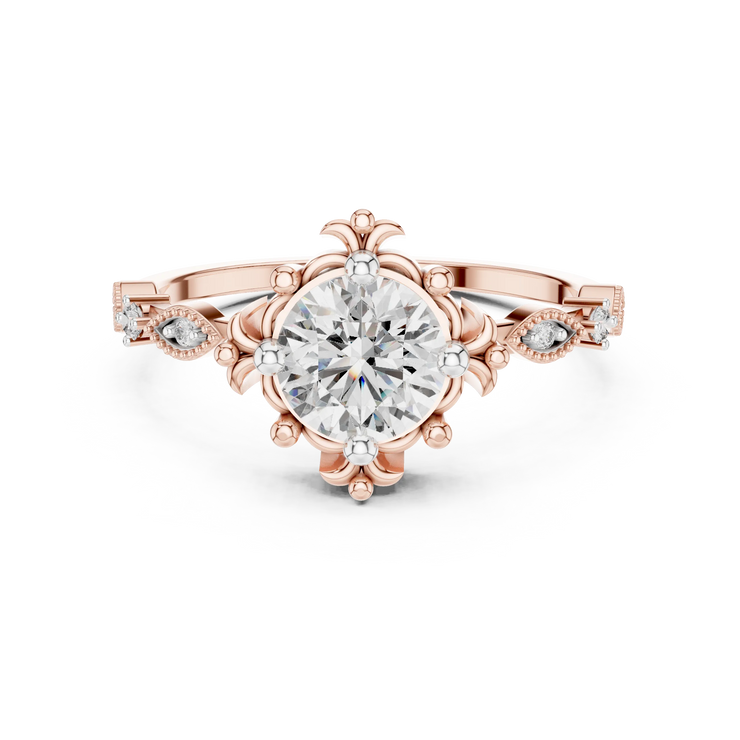 Round Lab Grown Diamond Floral Side-Stone Engagement Ring