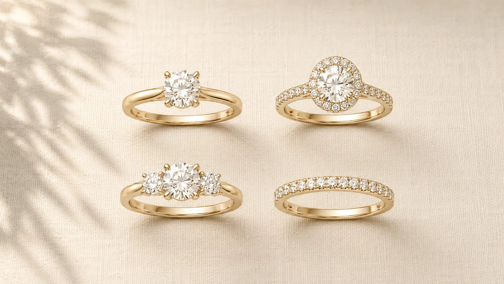 Four finished gold lab-grown diamond rings after crafting