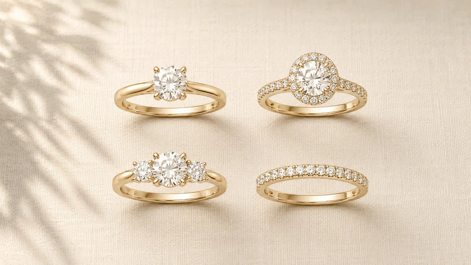 Four finished gold lab-grown diamond rings after crafting