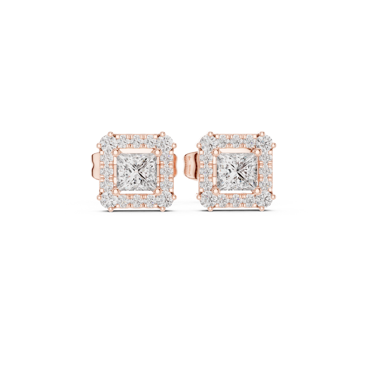 Classic Princess Halo Diamond Stud Earrings