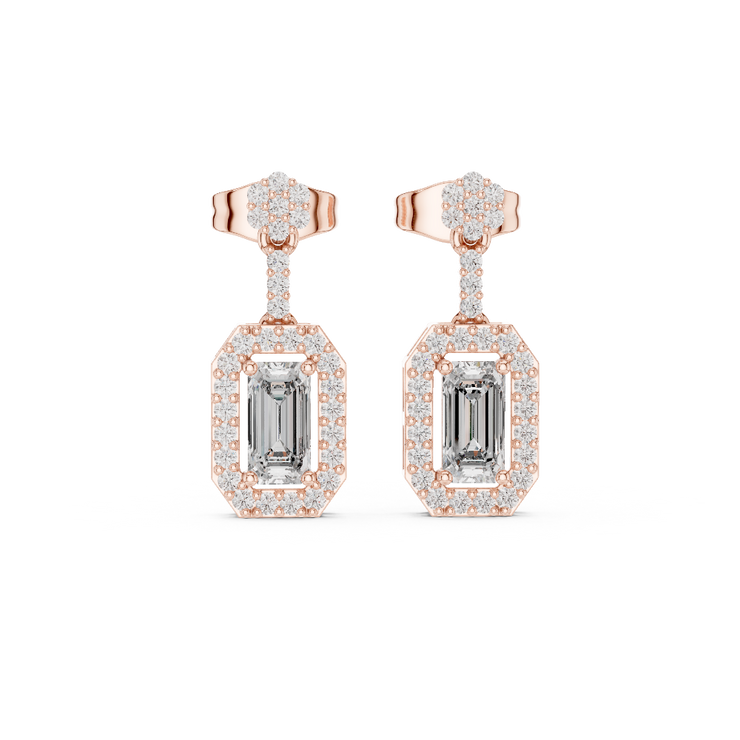 Radiant Emerald Halo Diamond Drop Earrings