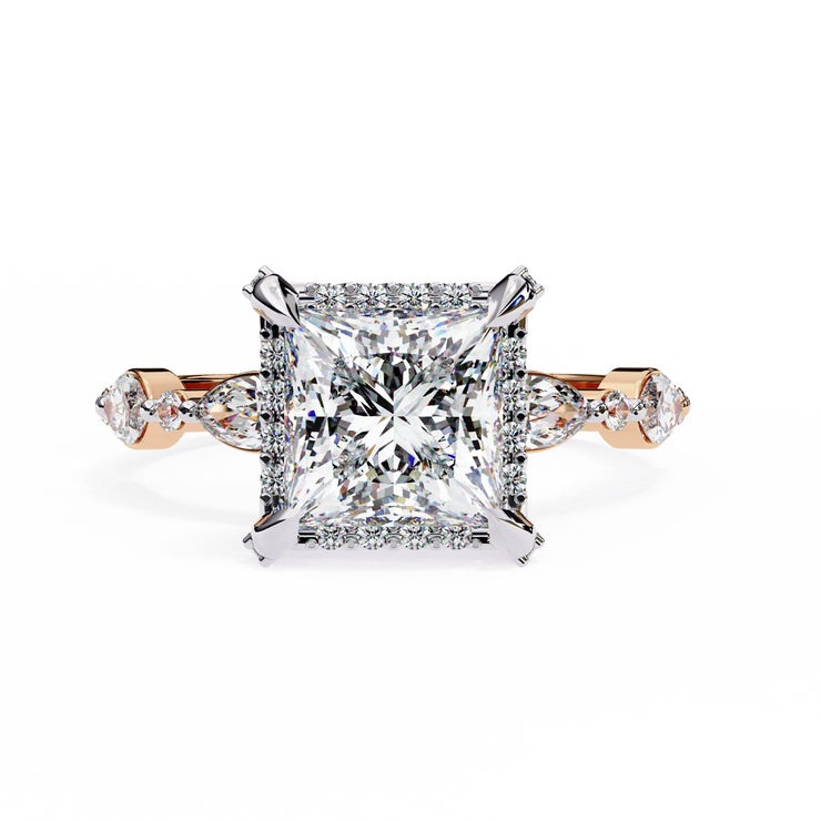 Princess Cut Halo Lab Grown Diamond Marquise Side Stone