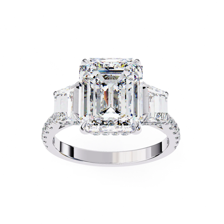 Emerald Cut Lab Grown Diamond Three Stone with Trapezoid Side Diamonds