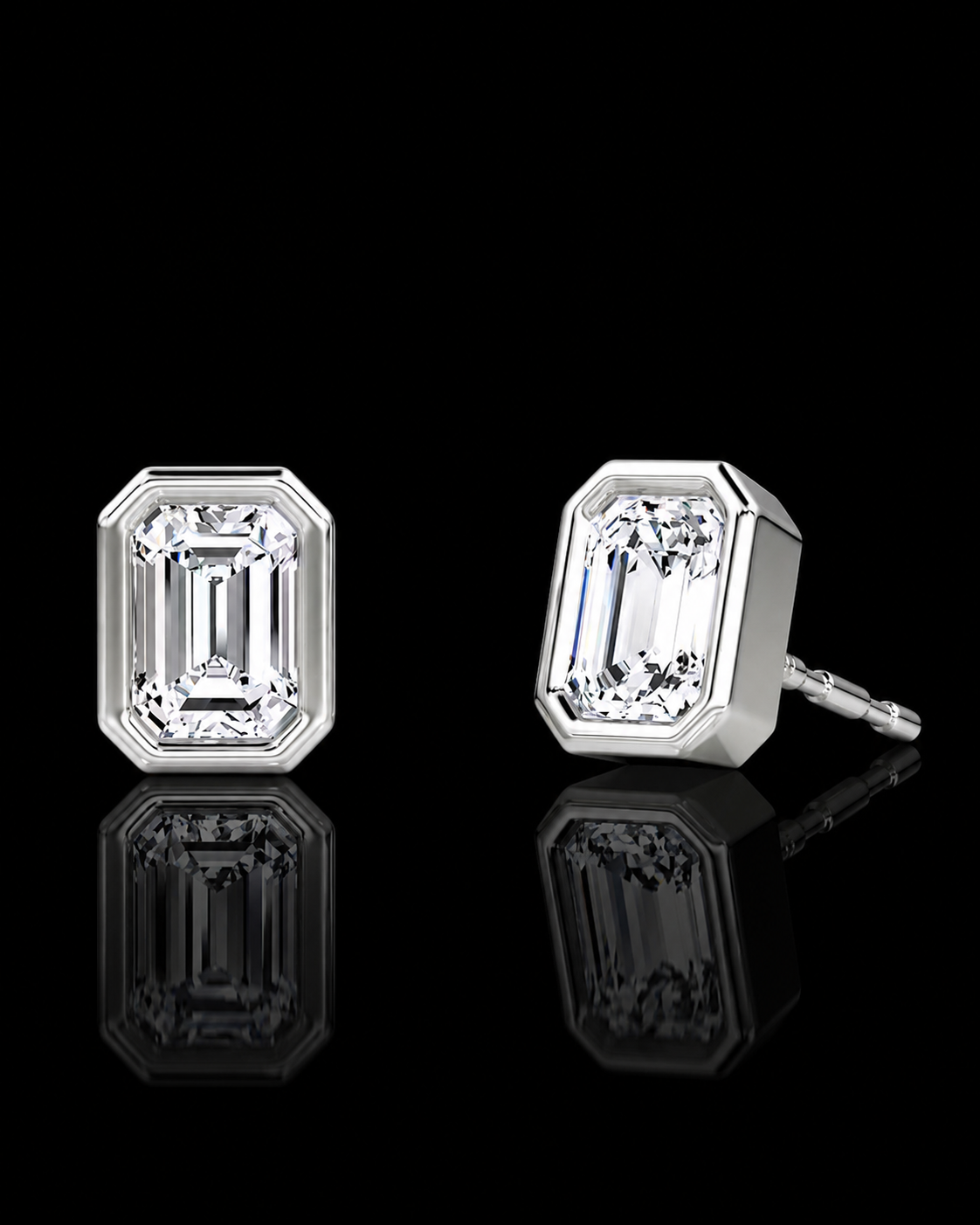 White gold emerald-cut stud earrings with 0.50ct total lab grown diamonds on black