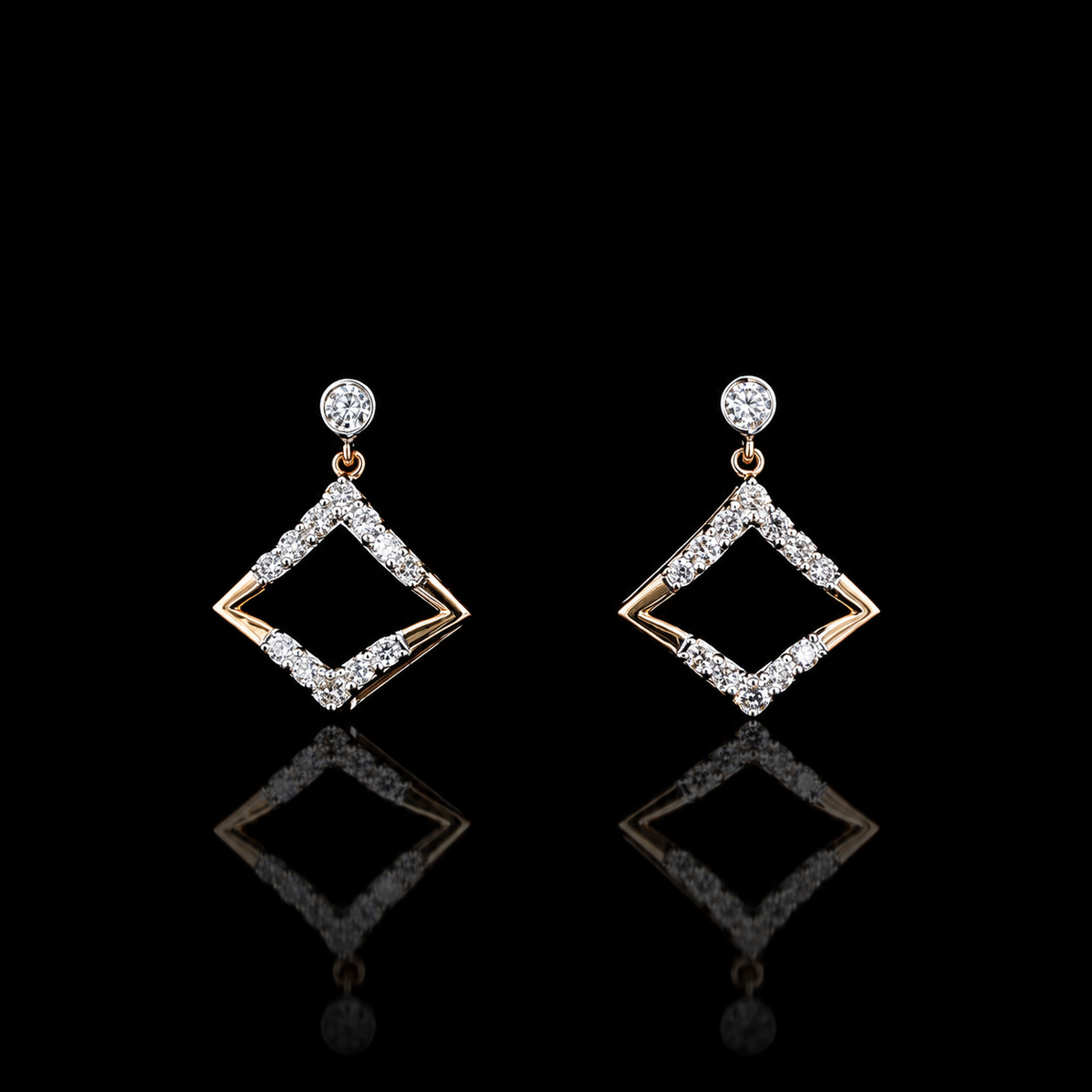 yellow gold geometric drop earrings with round lab grown diamonds