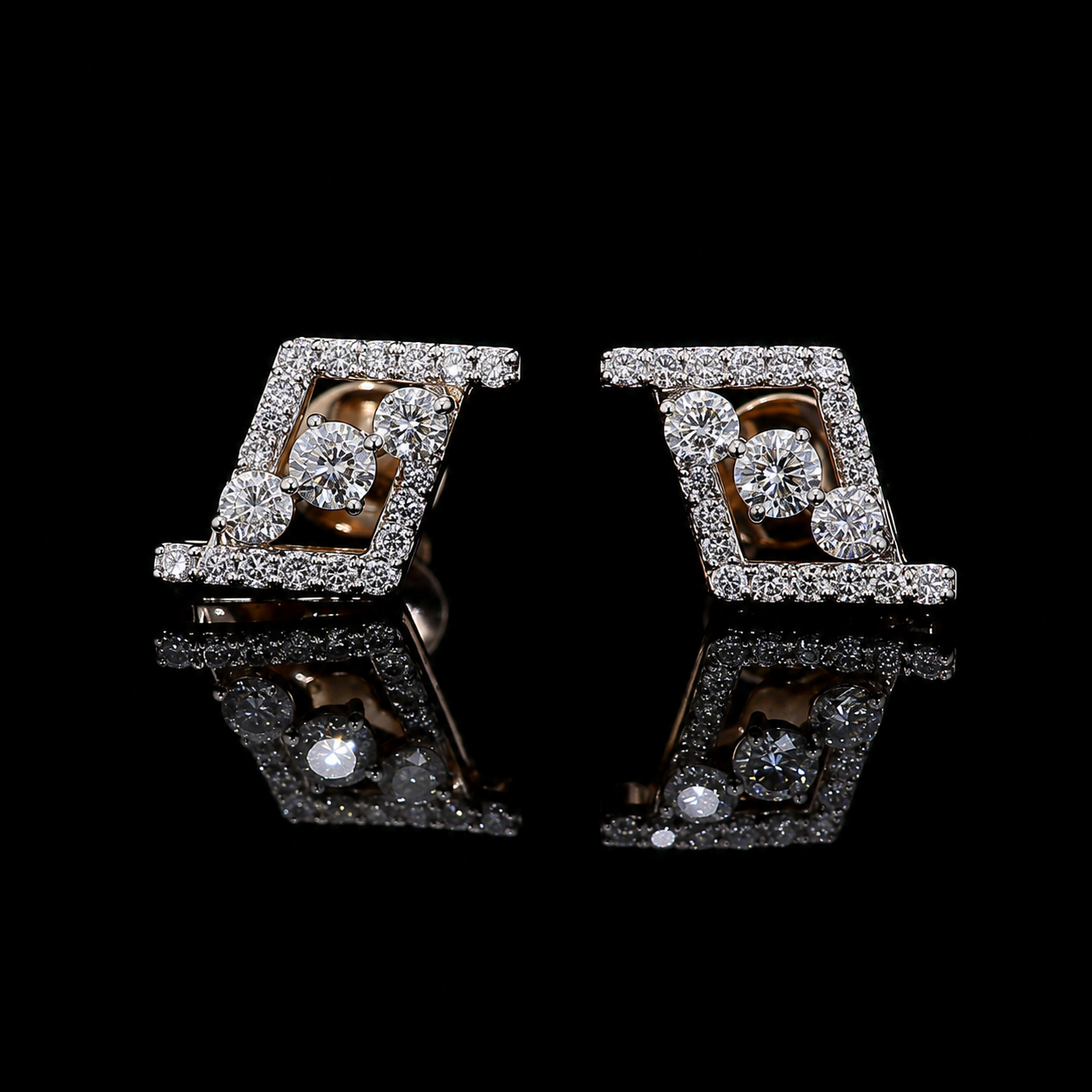 yellow gold geometric earrings with round lab grown diamonds