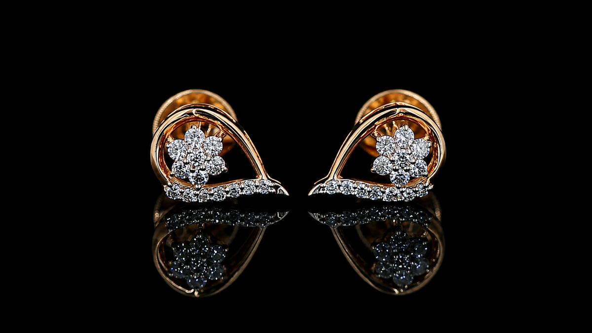 yellow gold floral teardrop earrings with round lab grown diamonds