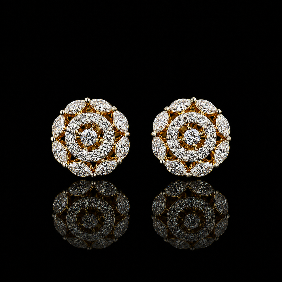 yellow gold floral earrings with marquise and round lab grown diamonds