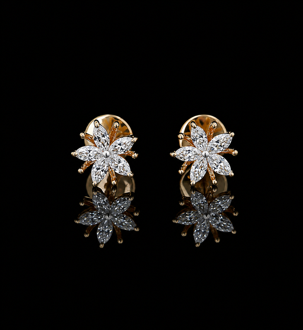 yellow gold marquise floral stud earrings with lab grown diamonds
