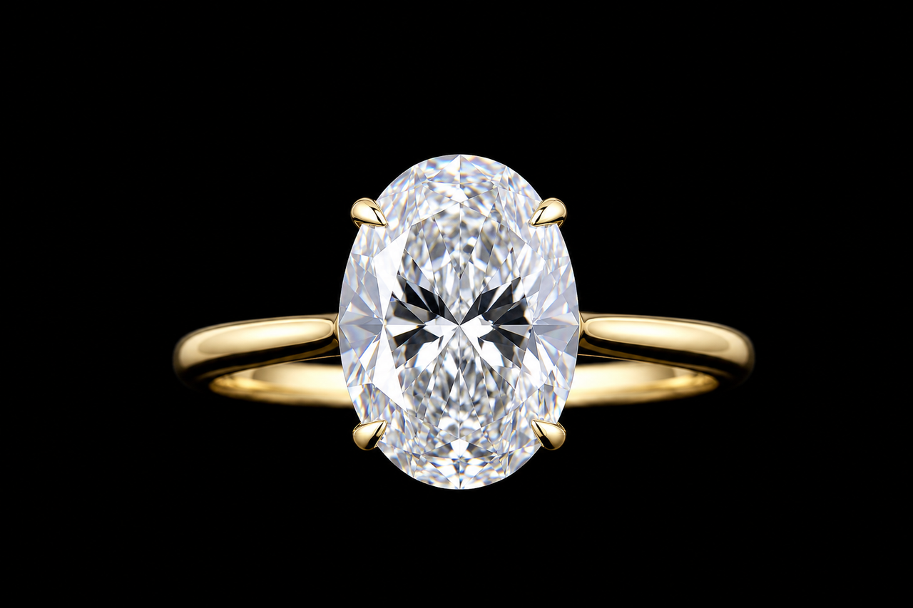 Yellow gold ring with 2.02ct oval lab grown diamond solitaire photographed on black