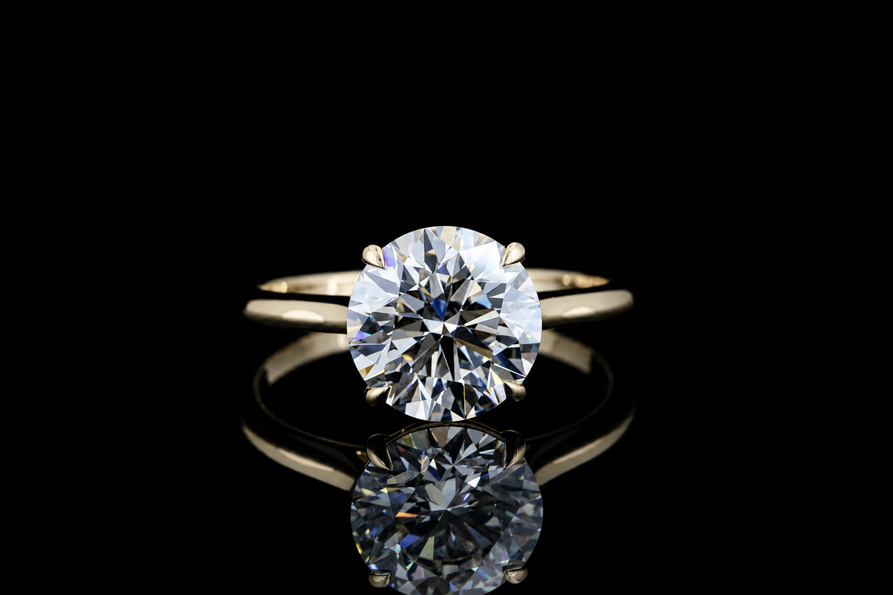 Yellow gold ring with 2.00ct round lab grown diamond solitaire photographed on black