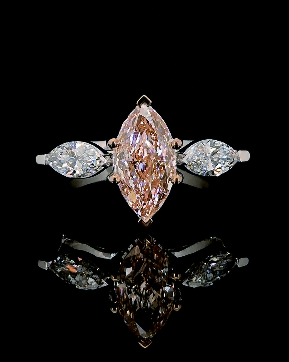 White gold 1.77ct marquise three-stone ring with marquise lab grown diamond sides on black