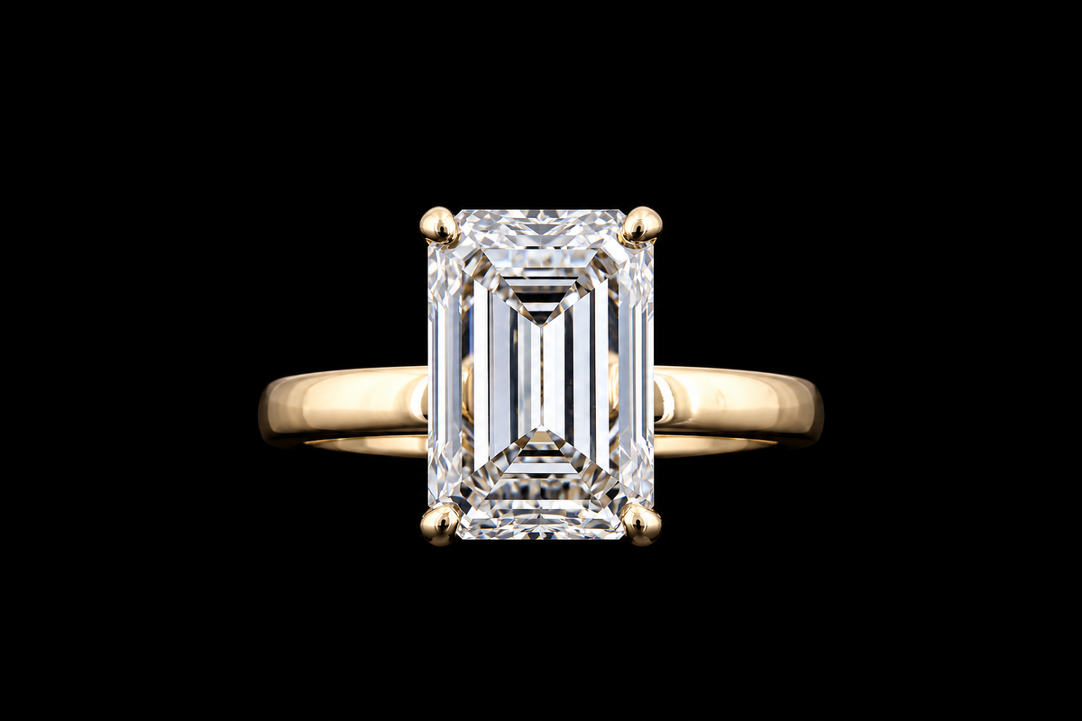 Yellow gold ring with 2.50ct radiant cut lab grown diamond solitaire photographed on black