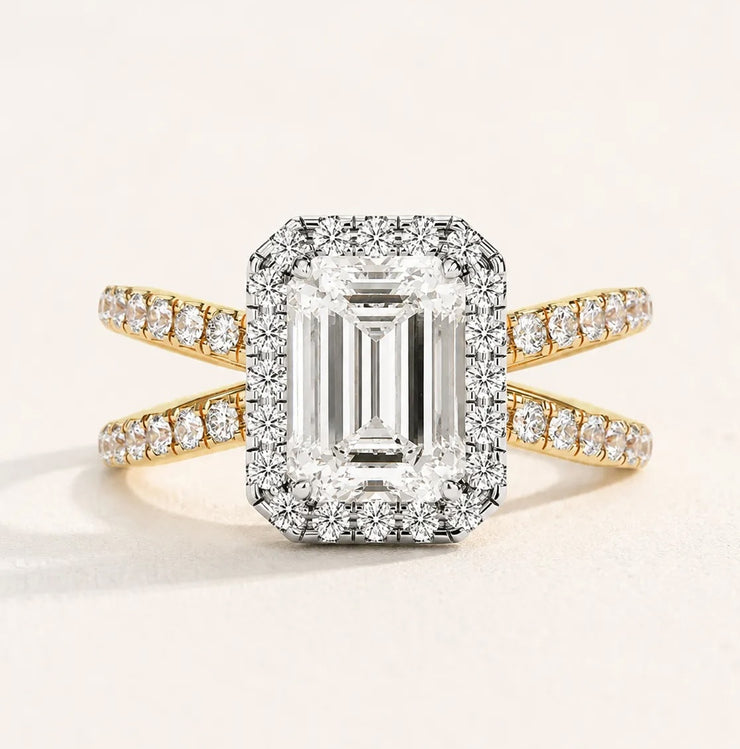 Emerald Cut Lab Grown Diamond Halo Split Shank
