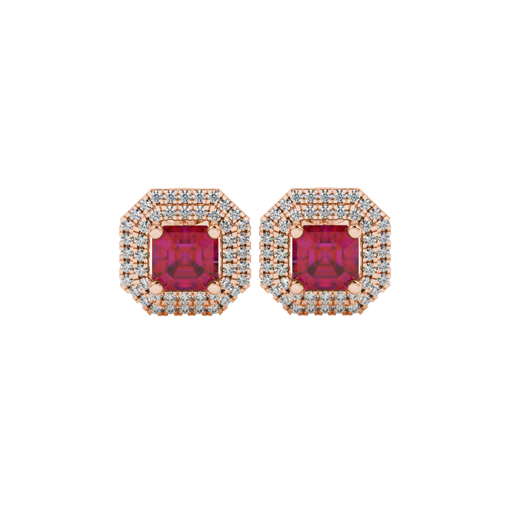 Asscher Double Halo Gemstone Stud Earrings