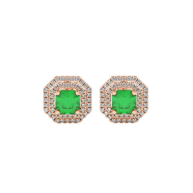 Radiant Cut Falling Edge Halo Gemstone Stud Earrings