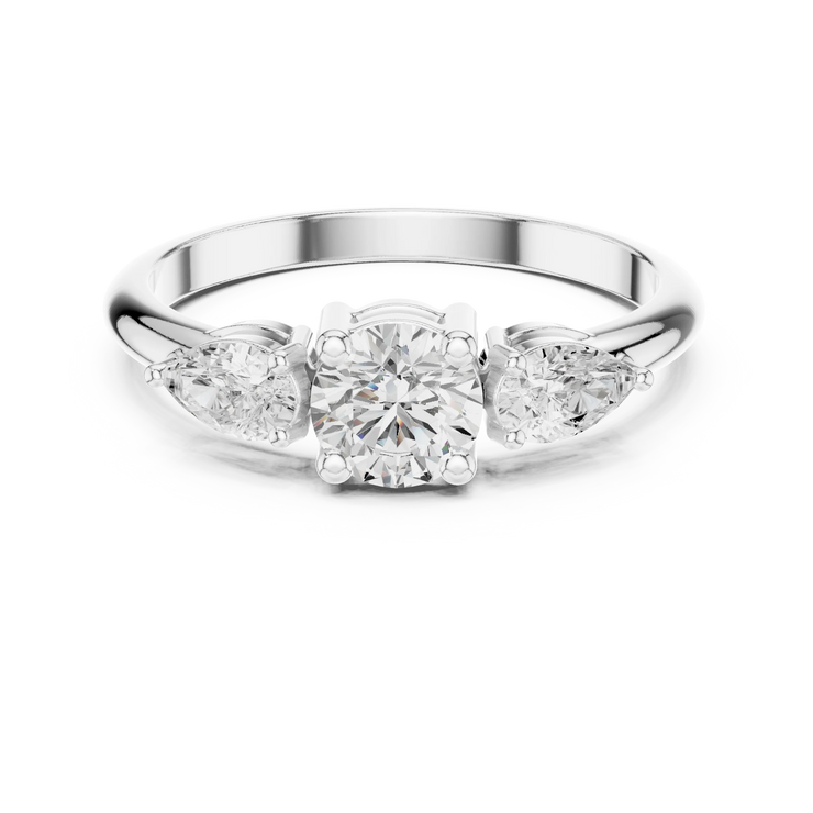 Round & Pear Lab Grown Diamond Three Stone Engagement Ring