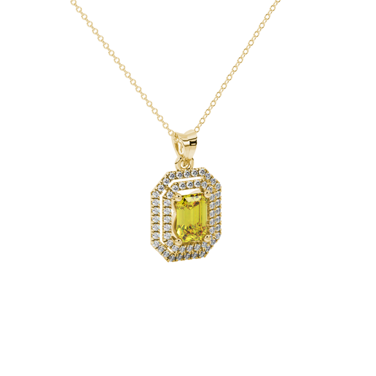 Emerald Cut Double Halo Gemstone Pendant