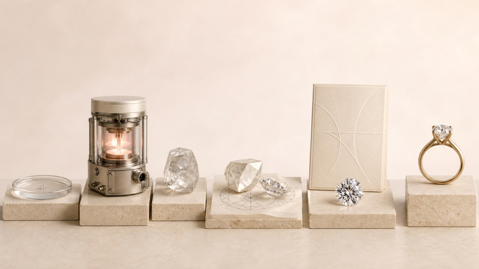 CVD lab-grown diamond journey from a diamond seed and rough crystal to a polished diamond and finished Signora ring