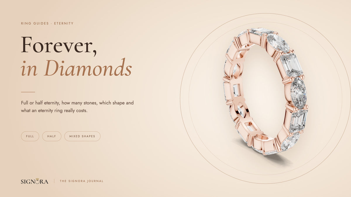 Rose gold full eternity ring with alternating emerald cut and oval lab grown diamonds, Signora Journal guide