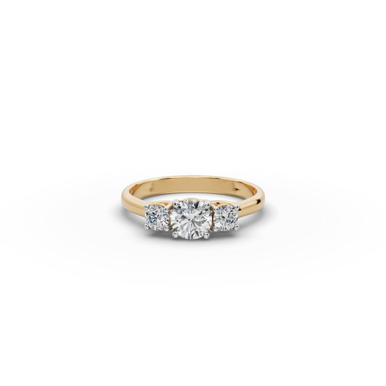 0.73 ct Round Lab Grown Diamond Three Stone Ring in yellow gold, front view