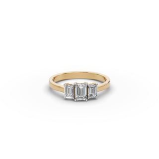 0.8 ct Emerald Lab Grown Diamond Three Stone Ring in yellow gold, front view
