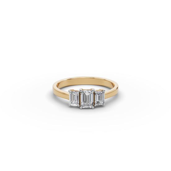 0.8 ct Emerald Lab Grown Diamond Three Stone Ring in yellow gold, front view