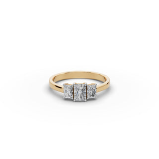 0.8 ct Radiant Lab Grown Diamond Three Stone Ring in yellow gold, front view