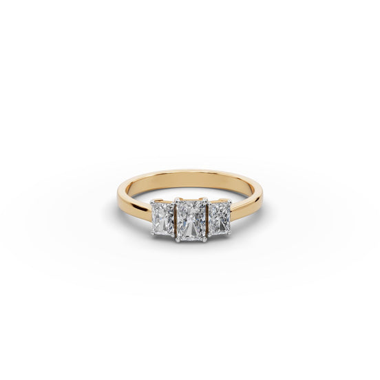 0.8 ct Radiant Lab Grown Diamond Three Stone Ring in yellow gold, front view