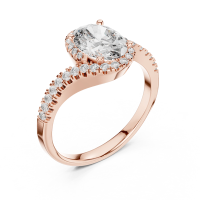 oval diamond crossover halo ring in rose gold
