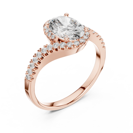 oval diamond crossover halo ring in rose gold
