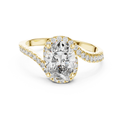 oval diamond crossover halo ring in yellow gold
