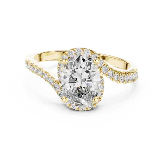 oval diamond crossover halo ring in yellow gold
