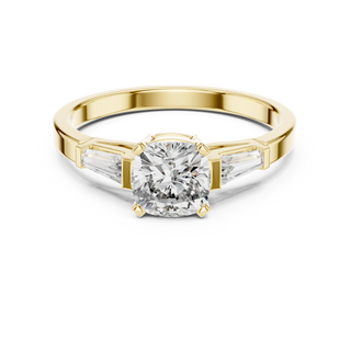 cushion lab grown diamond three stone engagement ring in yellow gold