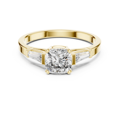 cushion lab grown diamond three stone engagement ring in yellow gold