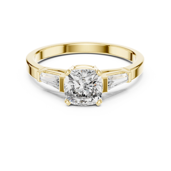 cushion lab grown diamond three stone engagement ring in yellow gold