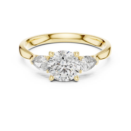 cushion lab grown diamond three stone engagement ring in yellow gold