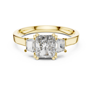 radiant lab grown diamond three stone engagement ring in yellow gold