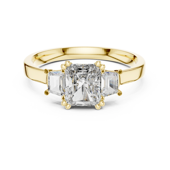 radiant lab grown diamond three stone engagement ring in yellow gold