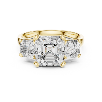 Emerald lab grown diamond three stone ring in yellow gold