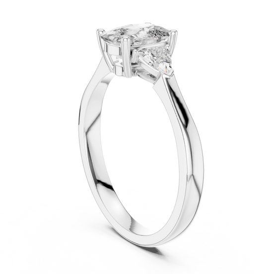 cushion lab grown diamond three stone ring in white gold