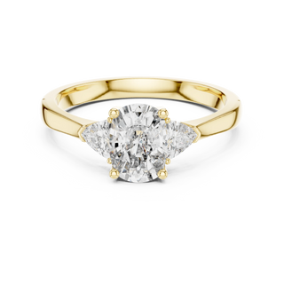 cushion lab grown diamond three stone ring in yellow gold