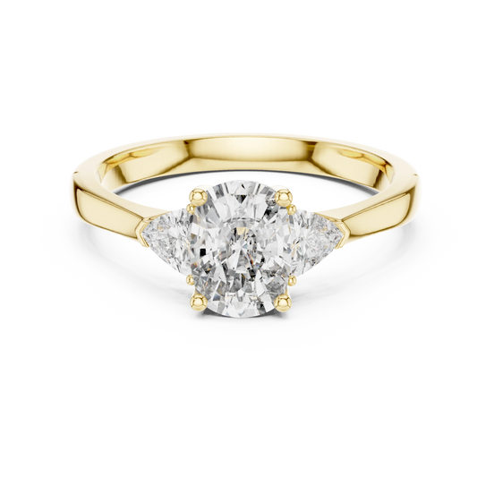cushion lab grown diamond three stone ring in yellow gold