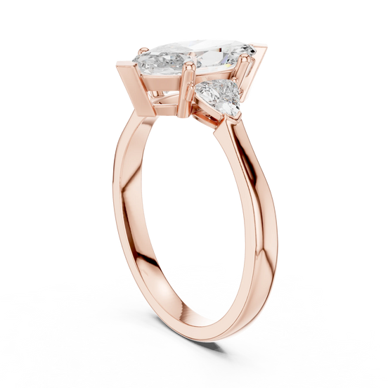 marquise lab grown diamond three stone ring in rose gold
