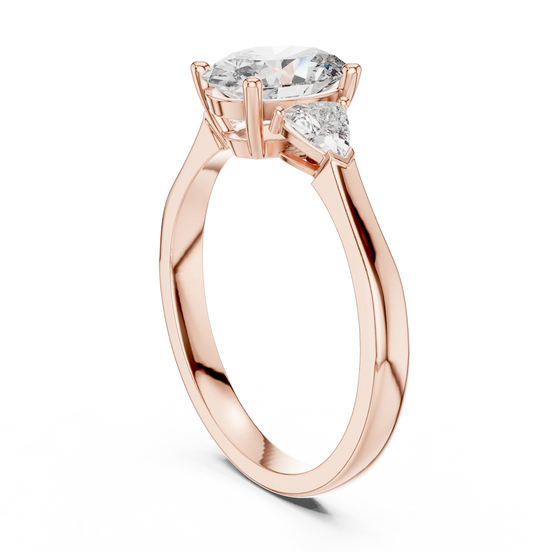 oval lab grown diamond three stone ring in rose gold