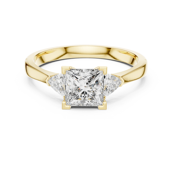 princess lab grown diamond three stone ring in yellow gold