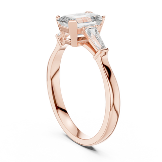 Emerald lab grown diamond three stone ring in rose gold