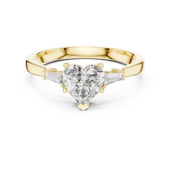heart diamond tapered baguette ring in yellow gold
