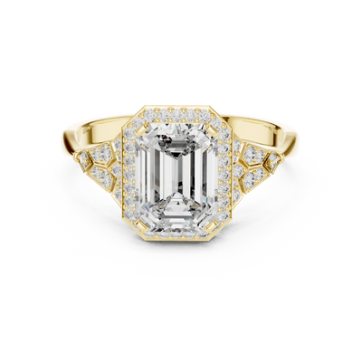 emerald diamond art deco halo engagement ring in yellow gold
